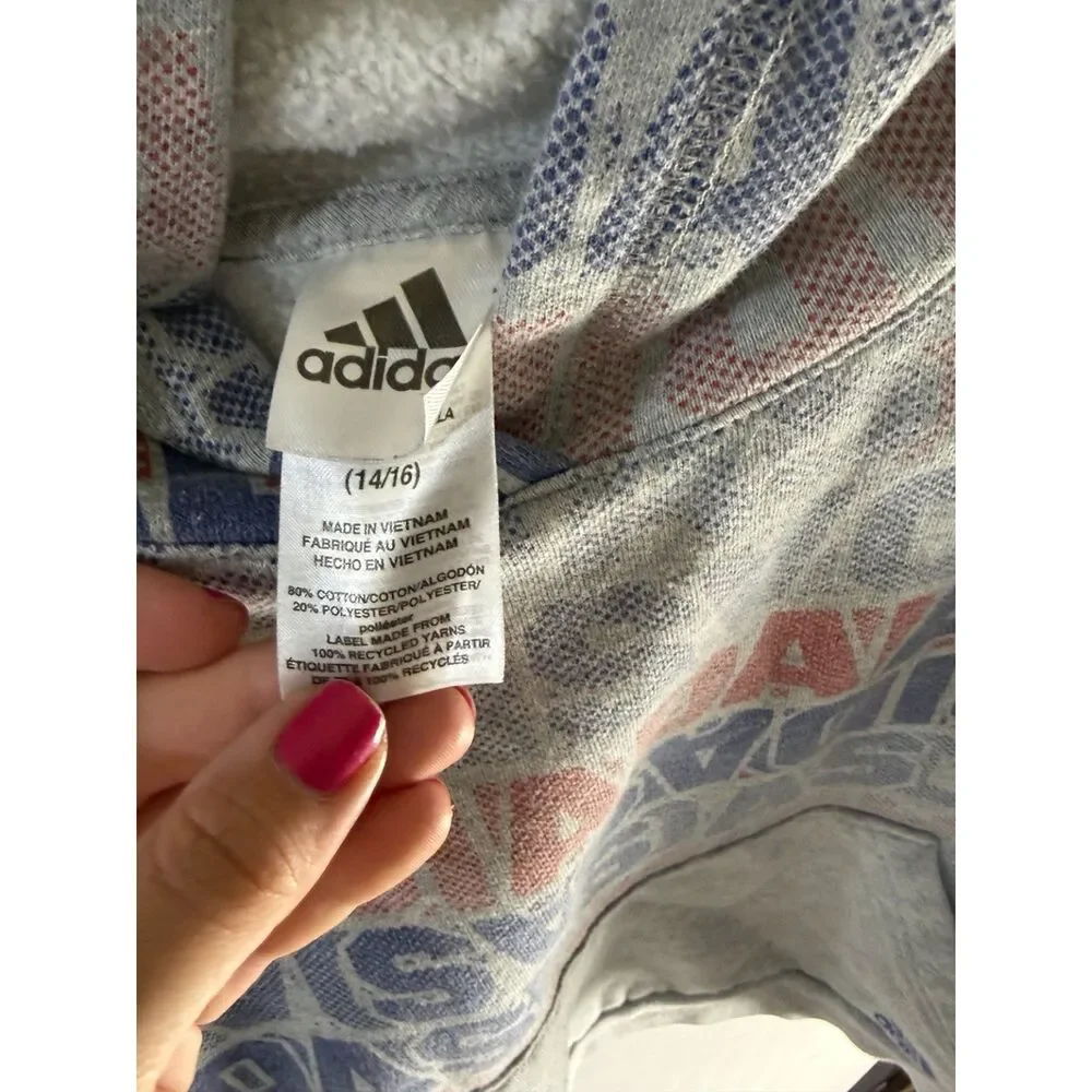 Adidas Youth L 14/16 All Over Logo Hoodie Gray Red Blue Graphic Pullover